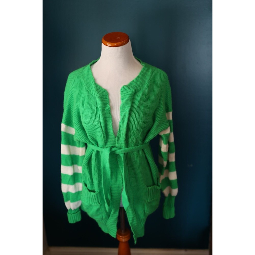 Vintage Leroy knitwear Open Lime Green and white stripped Cardigan size M/L